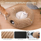 Cat Tunnel Bed Cave - Washable Cushion for Indoor Cats, Peekaboo Hideaway Cave for Indoor Cats, Kittens, Puppies, Rabbits, Luxurious Striped Hare-Feel Fabric, Tunnels for Indoor Cats Large(Khaki)