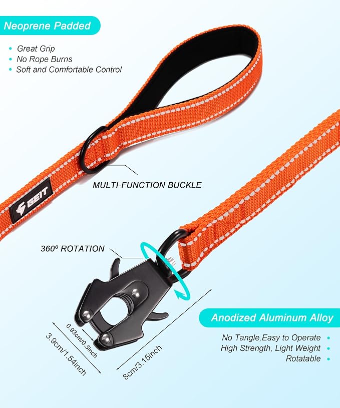 GEIT 4/5/6FT Heavy Duty Dog Leash with 2 Comfortable Padded Handles, Reflective Rope Leashes with Quick Release/Locking Tactical Frog Clip for Small Medium and Large Dogs, Orange