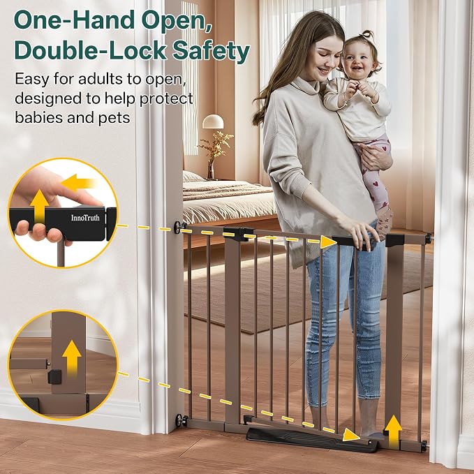 InnoTruth 27-36.6 in Wide Baby Gate for Stairs and Doorways, Brown | Indoor Metal Dog Gate for Pets, Auto Close 2 Way Swing Walk Through Door, Double Lock & Y-Bolts, Pressure or Hardware Mount