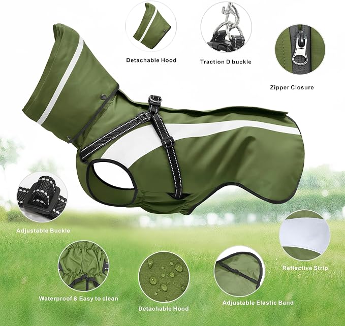 Dog Raincoat Waterproof Raincoats for Dog Reflective Dogs Rain Jackets with Hood Hoodie Pet Rain Poncho Coat for Small Medium Large Dogs Puppies S-XXL (Green, XL)