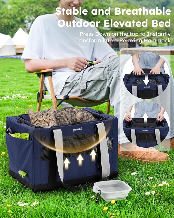 Pecute Cat Carrier, Top Expandable Dog Crate for Travel, Blue | 5mm Anti-Collapse Steel Frame, Soft Mesh, Vet Visits, Foldable Travel Crate,Outdoor Hammock, Leakproof Pee Pad & Bowl