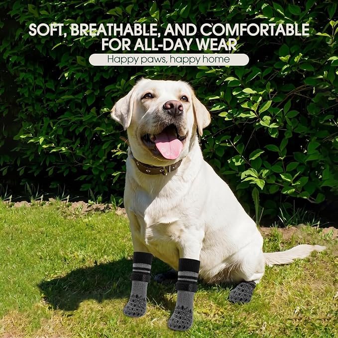 Kuoser Dog Socks for Hardwood Floors Anti Slip, Grippy Socks for Dogs to Prevent Licking Paws, Comfy Booties Dog Anti Scratch Socks Pet Protectors for Jnjured Paw, 4 Pack-M