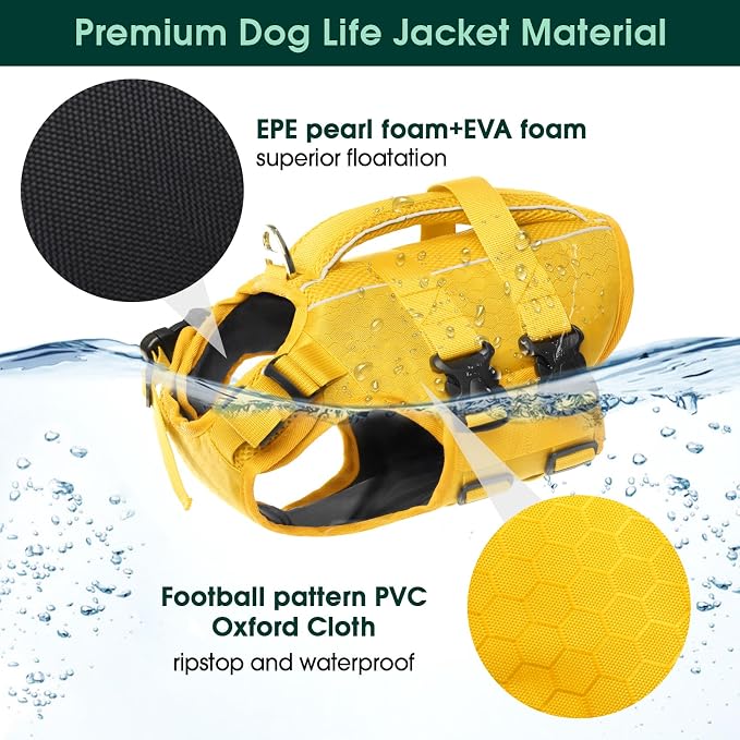 Kuoser Dog Life Jacket, High Flotation Reflective Dog Life Vest, Yellow, XS | Adjustable Dog Lifejackets for Small Medium Large Dogs, Lifevest with Rescue Handle for Swimming, Boating, Lake, Beach & Pool