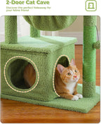 MUTTROS Cactus Cat Tree, 47.6" Cat Tower with 2 Metal Frame Hammock, Cat Scratching Post for Indoor Cats with 2 Removable Pompom Sticks for Kittens, Green