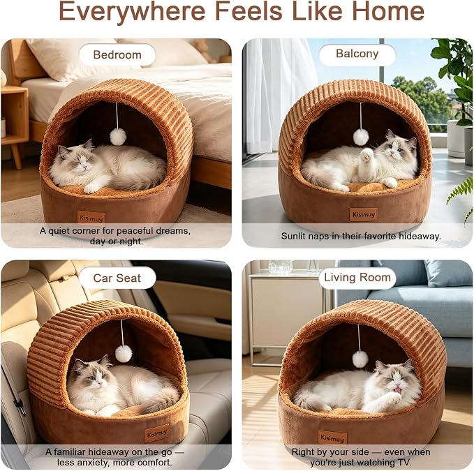 Cat Bed Cave with Pillow & Cat Toys, Cozy Cat Beds for Indoor Cats | 15.7in,Up to 10 lbs, Dual-Sided Cushion, Reversible Comfort for All Seasons, Semi-Enclosed Design, Machine Washable, Brown