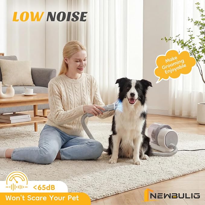 NEWBULIG Pet Grooming Vacuum Kit for Cats and Dogs, 2.5L Dust Cup, White | 3 Suction Modes and 5 Groomer Tools, Dog Clippers with Cordless Low Noise for Cats, Dogs Other Animals Hair Trimmer