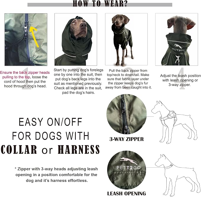Dog Lightweight Windbreaker, Dog Outdoor 4-Legs Jacket, 0.5 lbs,Durable Water Repellent, Hooded, Easy on/Off with Collar and Harness, Reflective, Packable,Dark Olive - XLarge (Male)