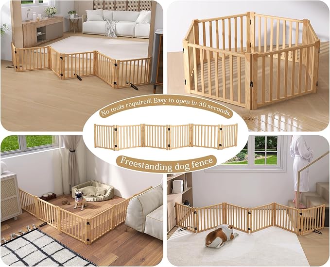 Wooden Freestanding Pet Gate Indoor - 16.9" Height 6 Panels | Foldable Portable Dog Gates, No-Painted Puppy Fence for Doorways Stairs Hallways