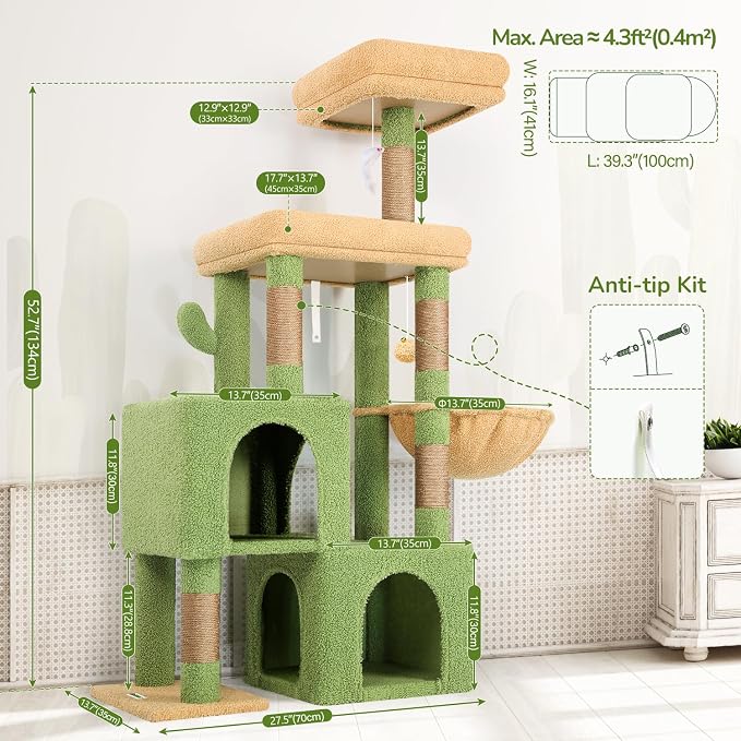 Globlazer 52in Cactus Cat Tree Tower for Indoor Cats, 2 Condos, S52, Green | Multi-Level Plush House, 5 Sisal Scratching Posts, 2 Padded Top Perches, Big Metal Basket, Stable Enlarged Base