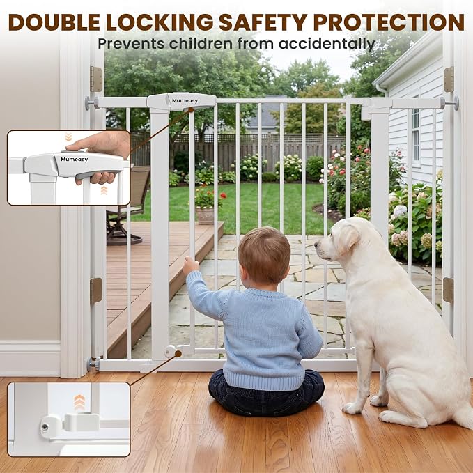 Mumeasy 29.7-43" Adjustable Baby Gate, Auto Close Dog Gate for Doorways | No drill installation, one hand operation, adjustable width, secure locking system, for dogs pets babies toddlers