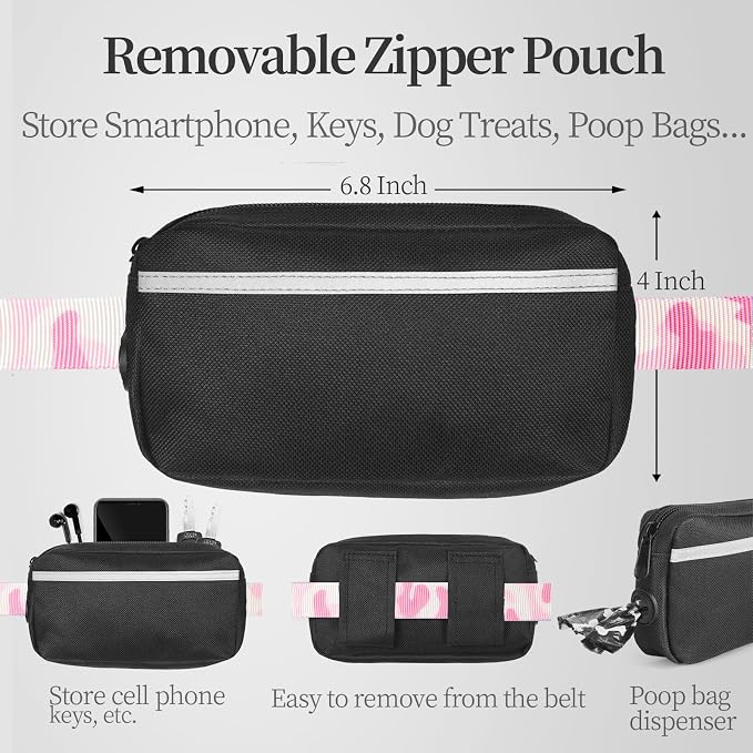 iYoShop Hands Free Dog Leash with Zipper Pouch, Dual Padded Handles and Durable Bungee for Walking, Jogging and Running Your Dog (White-Pink Mix, Large)