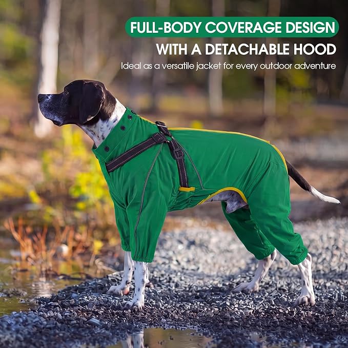 QBLEEV Dog Raincoat with Built-in Harness, Waterproof Rain Jacket, Green, M | Waterproof & windproof | built-in harness | easy on and off with dual closure | reflective safety strips | detachable hood