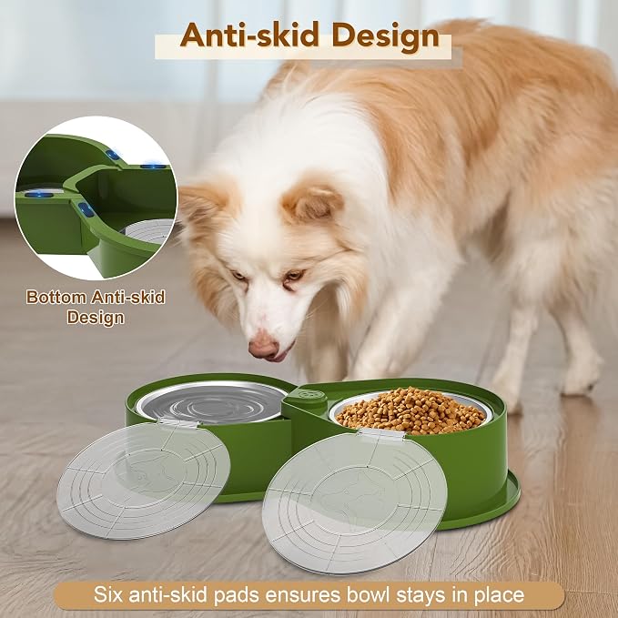 Newget 304 Stainless Steel Dog Bowl Set with Lids, 24oz Foldable Pet Dishes | Dual Food & Water Pet Bowl, Anti-Skid, Keeps Food Fresh, Easy to Install, for Small - Large Dogs/Cats - Indoor & Outdoor Use