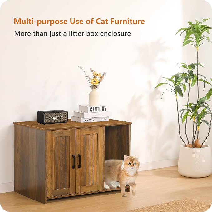 Dwanton Litter Box Enclosure, Cat Litter Box Furniture Hidden, with Scratching Mat, Wooden Cat Washroom Indoor, 31.5" L x 19.7" W x 21.7" H, Warm Brown