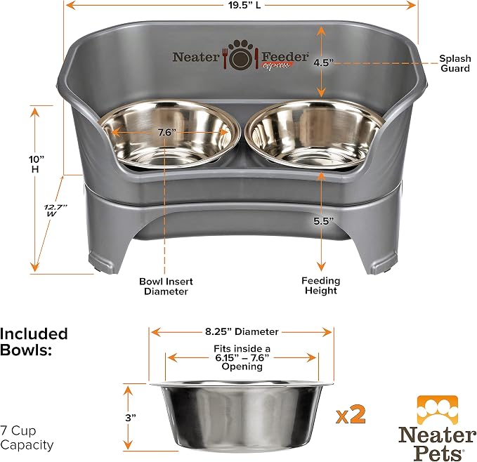 Neater Feeder Express Mess Proof Dog Bowls Elevated for Medium to Large Sized Breed, No Spill Raised Dog Food Bowl Stand, Stainless Steel Food and Water Bowl Set, Pet Dish Feeding Station, Grey