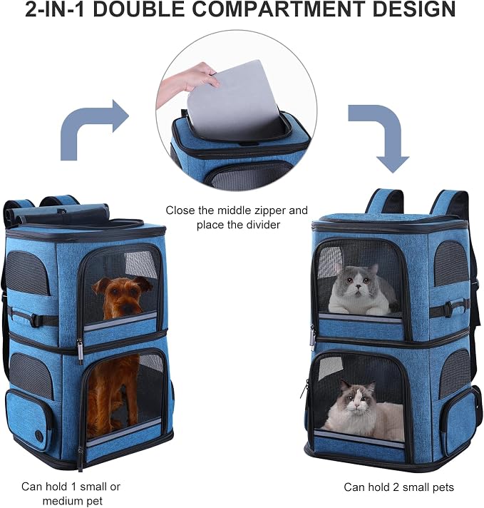 Double Cat Carrier for 2 Cats,Dog Backpack Carrier for Medium Dogs,Double Compartment Pet Carrier Backpack for Dual Pets,for Outdoor Traveling/Stroll and Picnic (Blue)