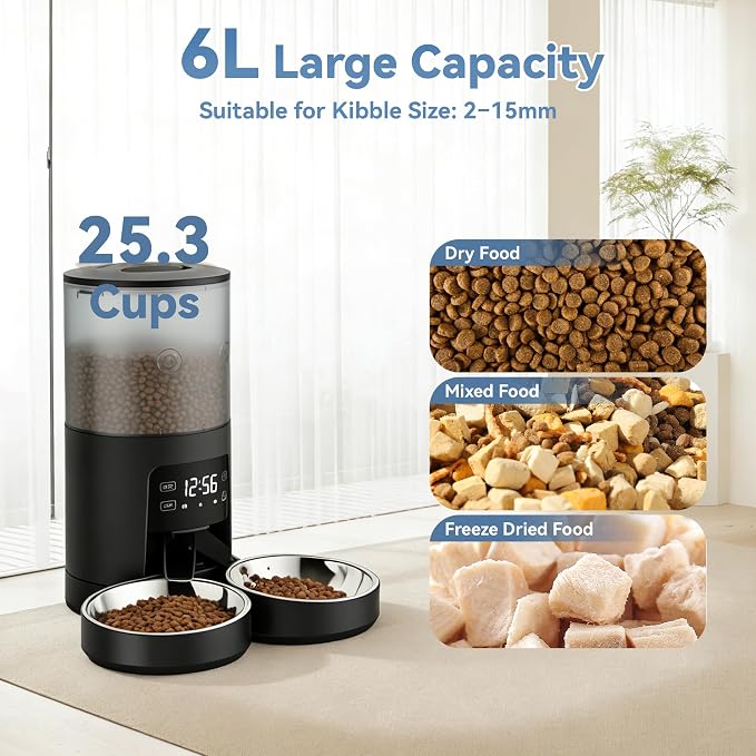 DUMOS 6L Automatic Cat Feeder for 2 Cats, Timed Pet Food Dispenser - Black | 2 Stainless Bowls, 10s Voice Call, Dual Power Supply, 6 Meals Per Day, 50 Portions Per Meal, Dual Pet Feeder for Cat and Dog