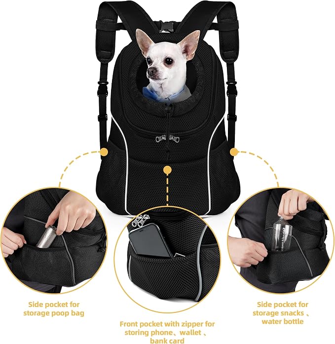 WOYYHO Pet Dog Carrier Backpack, Ventilated Small Dog Front Backpack | Small Dog Front Backpack, with Adjustable Straps, Safety Belt, Storage Pockets, for Travel Hiking Outdoor, Solid Black, M