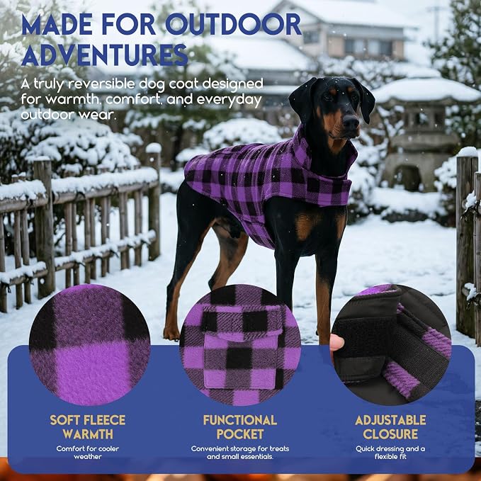 ASENKU Reversible Dog Winter Coat, Dog Jacket for Small Medium Large Dogs | Windproof Plaid Fleece Lining for Cold Weather, Water-resistant Outer Shell, Puppy Puffer Vest with Leash Hole, Purple 3XL