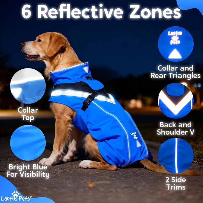 Waterproof Dog Rain Coat, Reflective Safety Strips & Leash Hole – Lightweight Adjustable Jacket for Medium Breeds - M, Blue