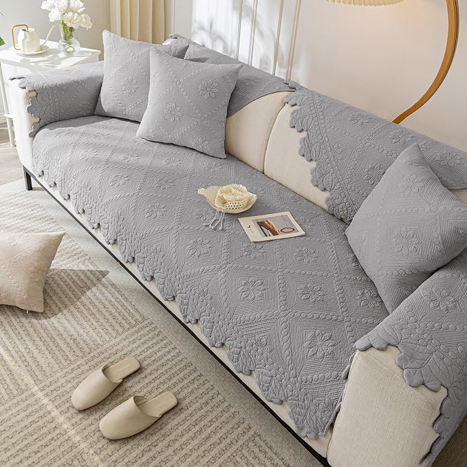 Cotton Quilted Dog Couch Cover for Sofa Farmhouse Rustic Embroidery Sectional Couch Cover Soft Anti-Slip Sofa Slipcover Furniture Protector for Kids, Pets (Grey,36"x36")