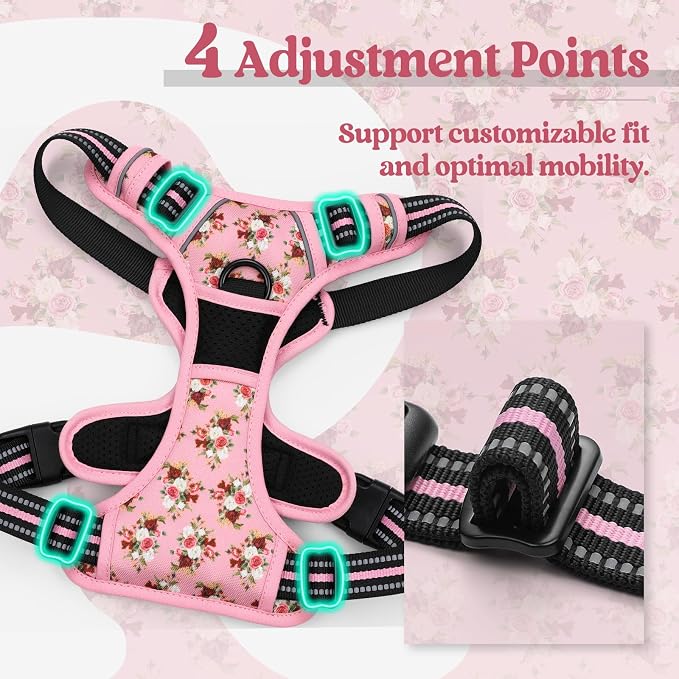 rabbitgoo Dog Harness, No Pull Medium Sized with 2 Leash Clips, Pet Vest | No Choke with Handle, Adjustable Soft Padded, Reflective, Easy Control for Walking, Pink Rose, Medium