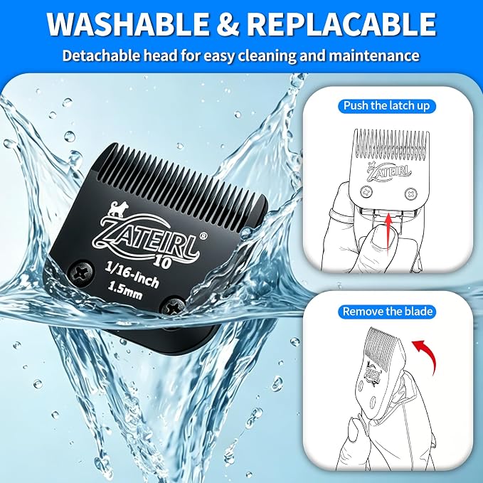 Size 10 Detachable Pet Grooming Clipper Blade with Steel Cutter, 1/16 Inch (1.5 mm) Cut Length, Black, Compatible with Andis, Oster A5, Wahl KM10, 1 Pack