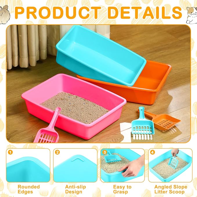 Amyhill 10Pcs Open Cat Litter Box with 10 Scooper | Medium, Plastic, Durable Low Sided Kitten Litter Box for Indoor Pets Rabbit Cats Supplies, 14.6x10.6x3.4 Inch, Multi Color