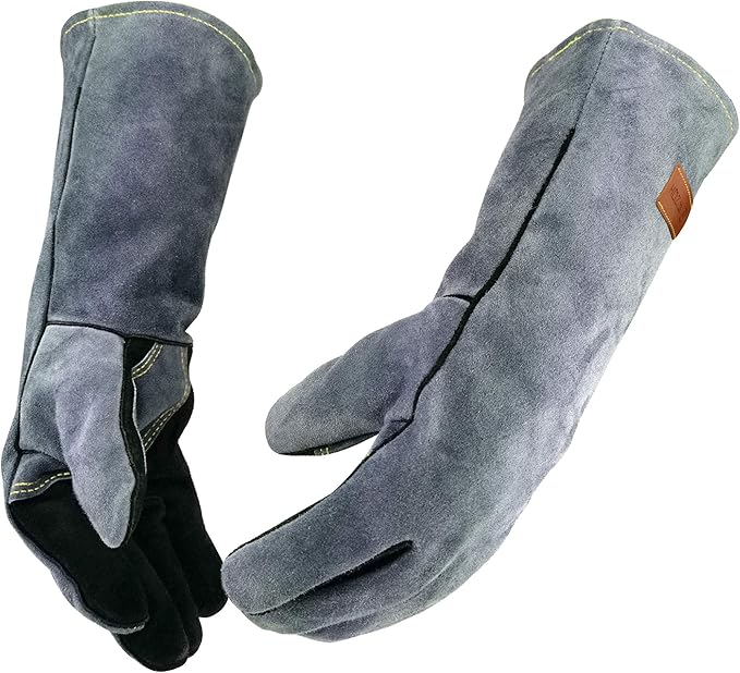 WZQH 14 In,932℉,Welding Gloves,Fireplace Glove,Fire & Heat Resistant,M | Mitt for BBQ,Oven,Grill,Tig,Mig,Baking,Furnace,Stove,Pot Holder,Animal Handling Glove, Forge,etc.Leather,Medium,Black-gray