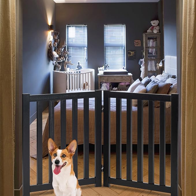 LZRS Wooden Free Standing Foldable Dog Gate Indoor – Solid Hard Wood 40" W x 24" H, Step-Over Safety Pet Gate for Doorways, Stairs & Small Spaces - Indoor Use, Black