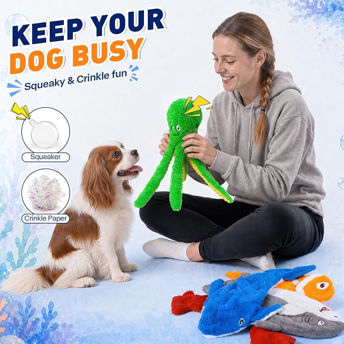 No Stuffing Squeaky Crinkle Dog Toys, 5-Pack Ocean Animal Plush Set | For puppies and small, medium & large dogs | full-body crinkle and squeaker in every toy | easy to carry, toss and shake