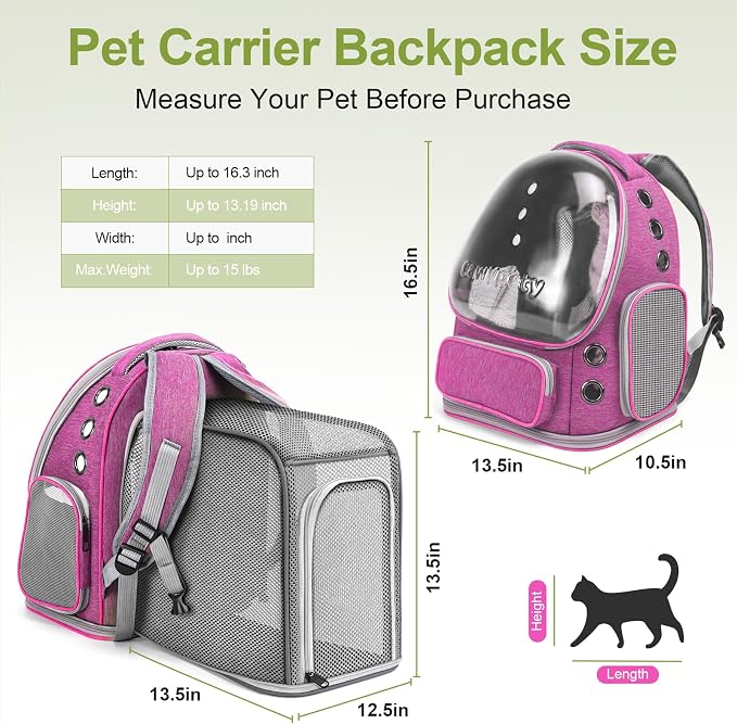 Cawypety Expandable Cat Backpack Large Space Cat Bubble Backpack Carrier | Pink, for Carrying Cats Pets and Small Dogs, Airline-Approved, for Travel Hiking Walking Car, Transparent Window, Breathable