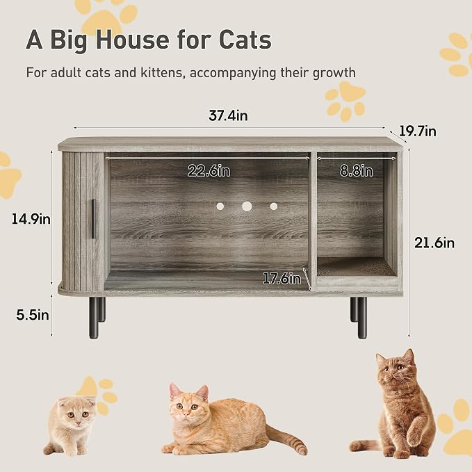 Halitaa 37.4" Cat Litter Box Enclosure with Scratch Pad, Sliding Door | Litter Box Enclosure Furniture Hidden Litter Box, Modern Indoor Cat House, TV Stand, Side End Table for Living Room, Grey