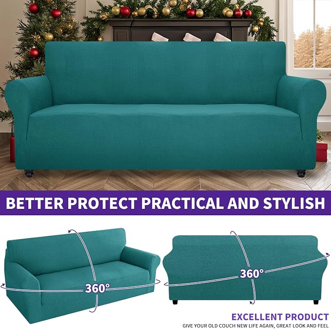 ZNSAYOTX Super Stretch Couch Cover (72"-92") Universal Sofa Covers with Elastic Bottom, Dog Cat Pets Friendly Washable Furniture Protector Fitted Sofa Slipcovers Stay in Place (Peacock Teal, Sofa)