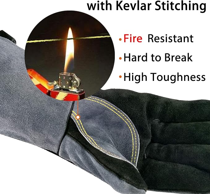 WZQH 14 In,932℉,Welding Gloves,Fireplace Glove,Fire & Heat Resistant,S | Mitt for BBQ,Oven,Grill,Tig,Mig,Baking,Furnace,Stove,Pot Holder,Animal Handling Glove, Forge,etc.Leather,Small,Black-gray