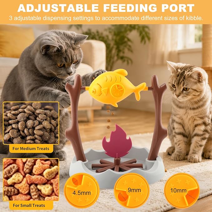 Cat Slow Feeder Treat Dispenser, Foraging Interactive Cat Puzzle Fish Toy | Enrichment Toy for Cats & Kittens Prevent Overeating & Relieves Boredom, Campfire Fish Cat Toy