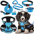 LOBEVE No Pull Dog Harness, Collar & Leash Set with Retractable Dog Seat Belt, Collapsible Dog Bowls and Poop Bag Dispenser - Ideal for Training, Walking, Hiking - Fits Small to Large Dogs(Blue-M)