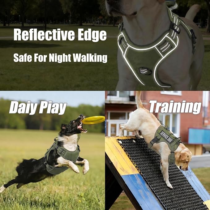 Service Dog Tactical Vest Harness and Leash Set Large Sized Dog Emotional Support- Tactical Dog Harness Training Collar with Name (Army Green, XL)