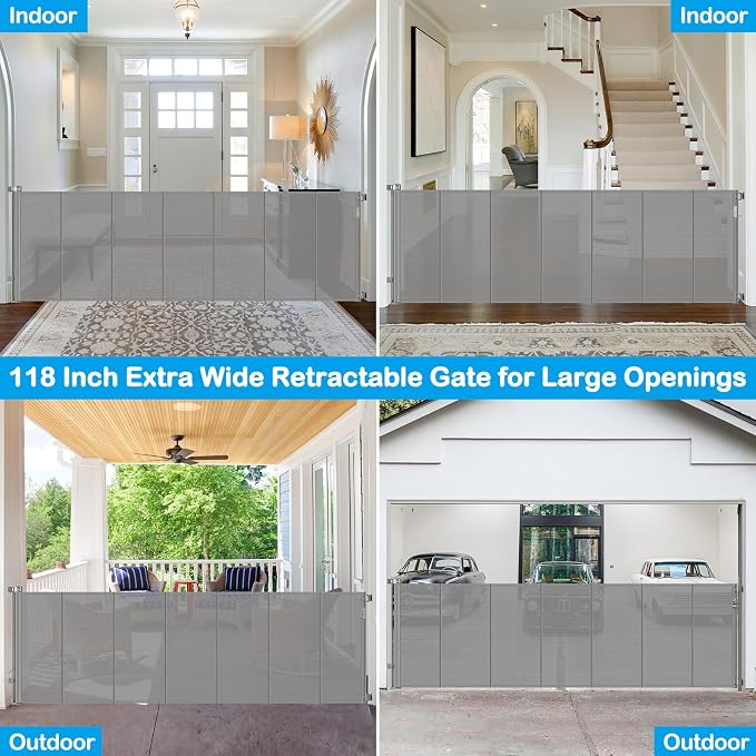 Reinforced 42" Extra Tall X 120" Extra Wide Retractable Dog Gate for Doorways Wide Pet Gate Indoor Prevent Kid/Pet Jumping Over Tall Retractable Baby Gates for Dogs Outdoor Dog Gates for Doorways,Gray