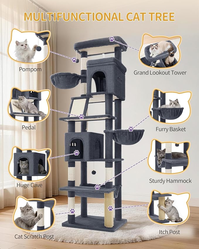 Hzuaneri Big Cat Tree, 75 Inch Tall Multi-Level Cat Tower, Indoor Larger Cat Condo Furniture with 5 Scratching Post, 2 Hanging Basket, 2 Condo, 2 Large Platform, Pet Play House, Dark Grey MS19018SG | Cat Condo Furniture with 5 Scratching Post, 2 Hangin...