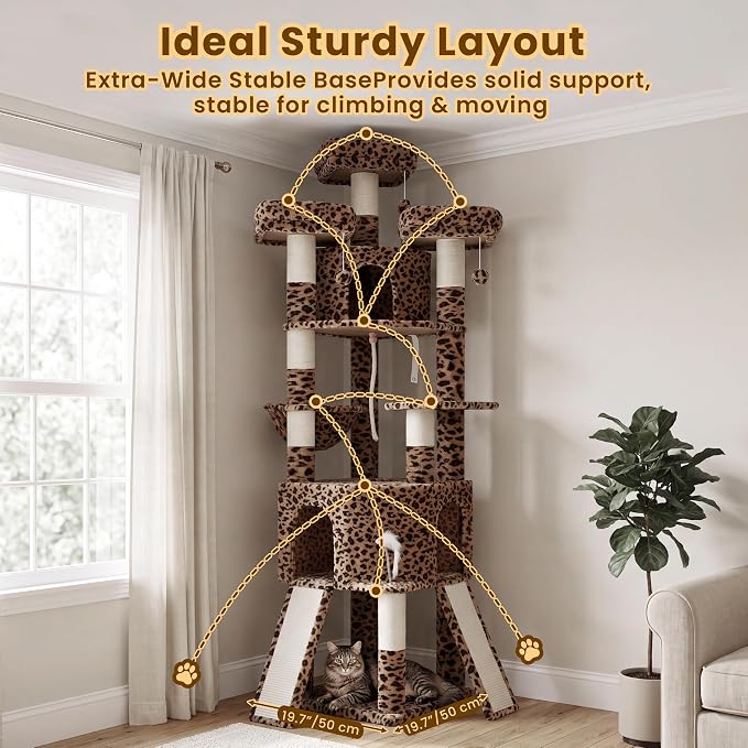 Cat Tree, 81.1" Tall Heavy Duty Cat Tower for Large Cats VCT032BW | Cat Furniture with 3 Wide Platforms, Diamond-Shaped Condo 2 Sisal Scratchers, Hammock & Stable Base, Leopard Print