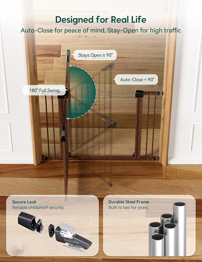 Babelio Pressure Mounted Baby Gate for Stairs, 26-40" Wide Dog Gate Indoor | Triple-lock system; Auto-close; 200N impact tested; Easy install for Doorways, Kitchen, Hallway, Black Wood Pattern