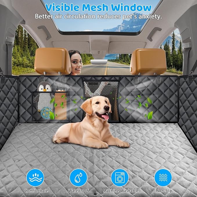 URPOWER Back Seat Extender for Dogs, Large Hard Bottom Dog Car Seat Cover | Supports 550 lbs, Stable 3-Panel Hard Bottom, Added High-Density Foam for Comfort, Waterproof 900D Oxford, 45% More Space
