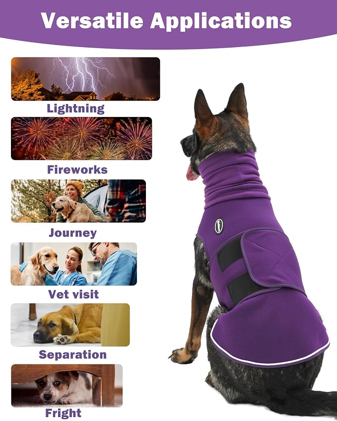Meifsou Dog Anxiety Vest with Hood, Skin-Friendly Thunder Jacket for Dogs, All-in-One Dog Calming Shirt with Hood for Thunder, Fireworks, Separation - Keep Pet Calm Without Medicine, Purple, L
