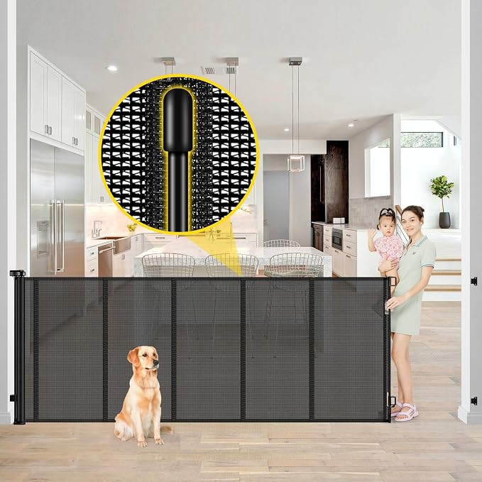 Reinforced 42” Extra Tall x 80” Wide Retractable Baby Gates with Rods to Prevent Crawling Through, Extra Tall Pet Gate for Large Openings Indoor Long Mesh Dog Gate for Stairs and Doorways, Black