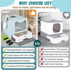 Covered Cat Litter Box, Extra Large Drawer Design with Dual Entry,Baby Blue | 13L litter capacity, adjustable door, leakproof structure, cleaning accessories, complimentary cat litter mat