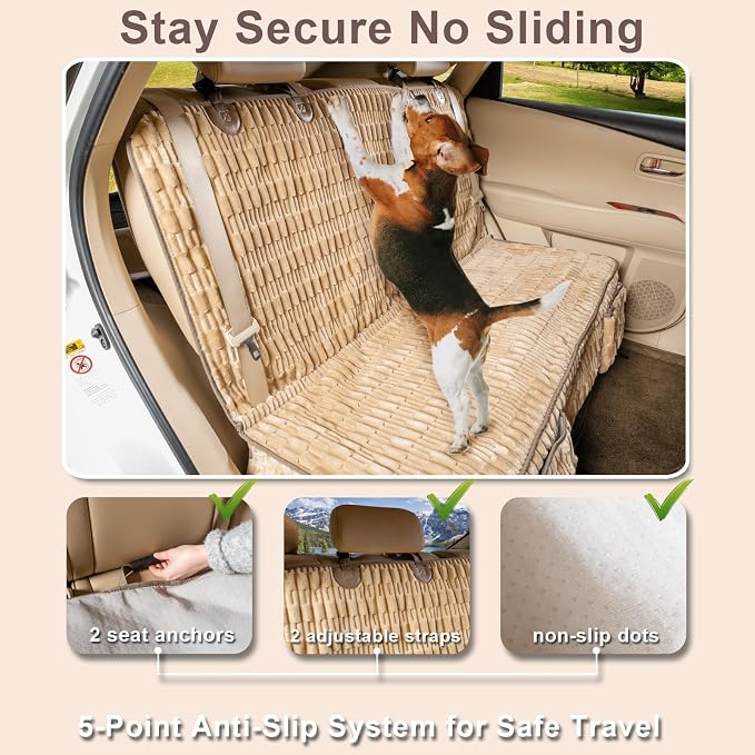 Dog Car Seat Cover, Soft Plush Waterproof Back Seat Protector, Tan | Non-Slip Backing, Full Bench Coverage, Hair, Dirt & Scratch Defense, Machine Washable, Fits Cars, SUVs & Trucks