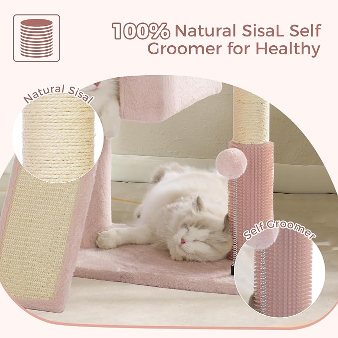 Cute Cat Tree 28” Pink Cat Tower with Top Large Bed 20x13” | Compact Cat Trees with Sisal Sratchign Post, Ramp, Self-Groomer, Cat Condo & Toy Ball Fit Small Space for Indoor Adult Cats