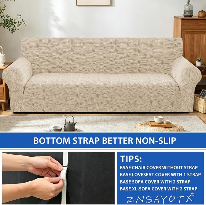 ZNSAYOTX Stretch Couch Cover, 1 Piece Oversized Sofa Covers for 3 Cushion Couch, Jacquard Sofa Slipcovers with Elastic Bottom Thickened Furniture Protector for Dog Cat Pet (X-Large, Khaki)