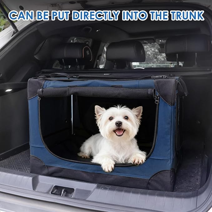 Soft Small Dog Crate - 24 inch Portable Travel Puppy Crate for Small Pets or 2 Cats, Collapsible Pet Carrier with 4 Mesh Doors, Car Kennel for Dogs with Handle for Indoor and Outdoor, Bule